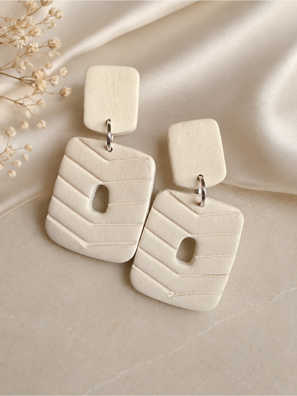 Minimalist Cream Geometric Drop Handmade Polymer Clay Earrings